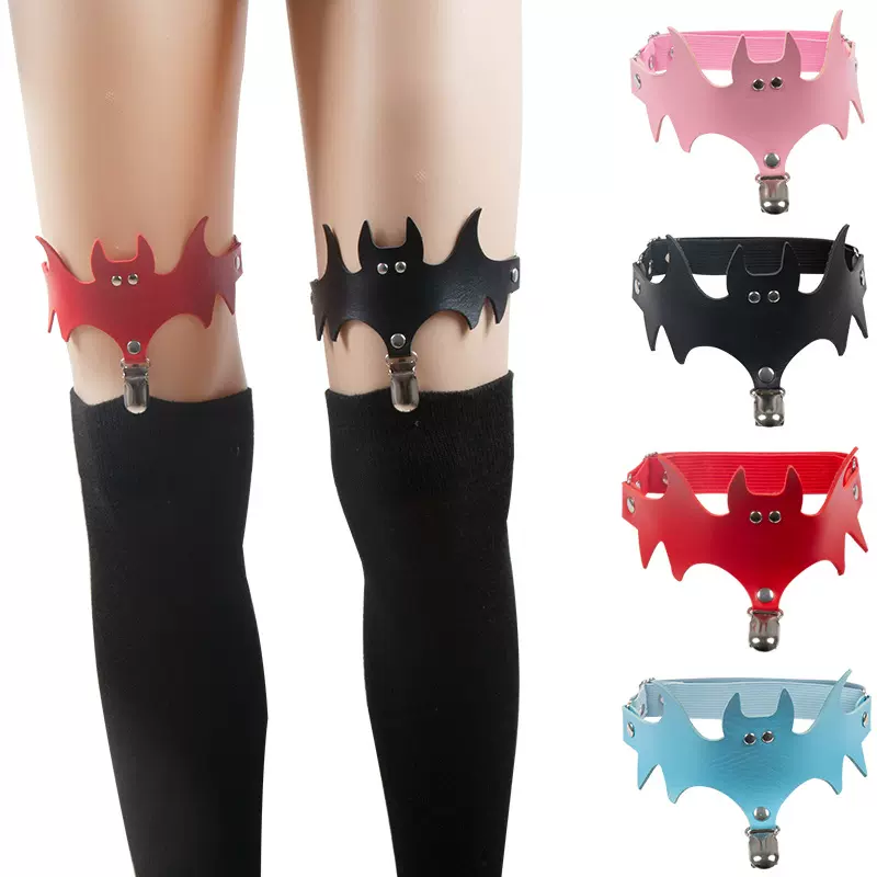 跨境欧美朋克风蝙蝠翅膀吊袜带PU皮弹力带腿环袜子带夹子装饰配饰