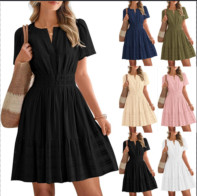 2026 Spring Casual Mini Lightweight Short Sleeve V-Neck Elastic Waist Cute Bohemian Dress for Women with Waist Cinching 2026 Spring Casual Mini Lightweight Short Sleeve V-Neck Elastic Waist Cute Bohemian Dress for Women with Waist Cinching