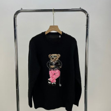 欧美R~L粉小熊纯棉慵懒卡通圆领白色休闲秋冬套头毛衣针织