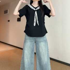 法式蕾丝披肩正肩纯棉短袖t恤女夏大码胖mm遮肉显瘦独特休闲上衣