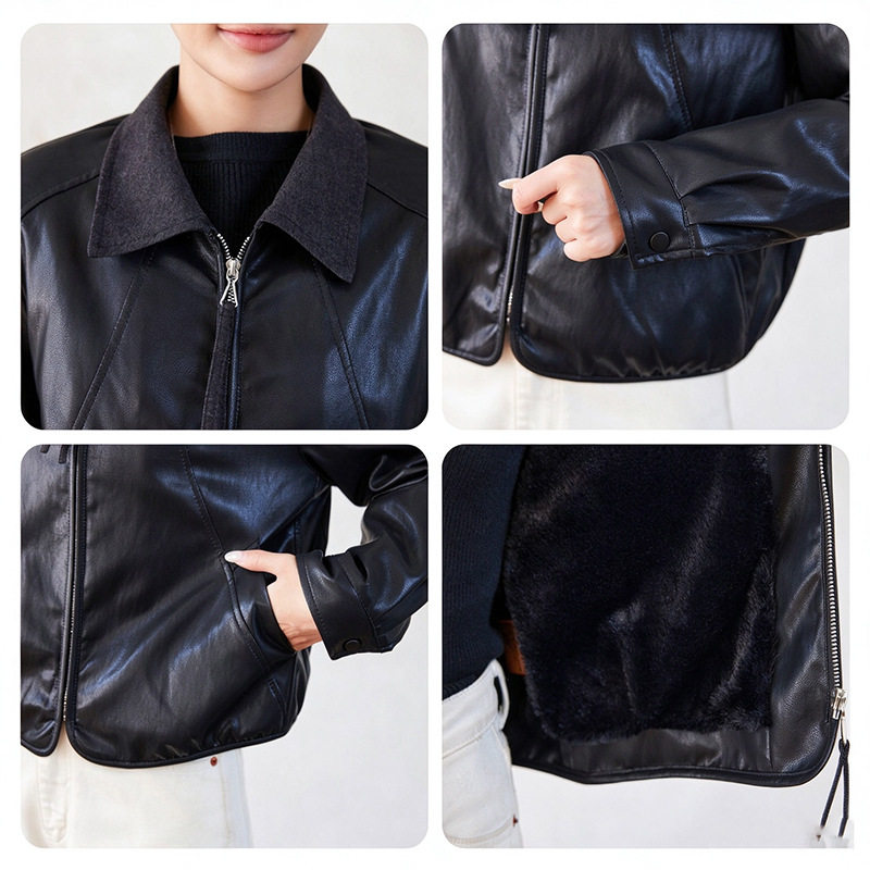 Áo khoác da nữ cổ bẻ dáng ôm phối lông bên trong kiểu mới — màu cà phê, đen, Màu cà phê Fleece dày, Màu đen Fleece dày chi tiết 14