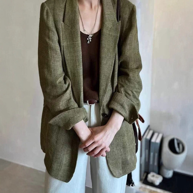 New Chinese Style Autumn Super Nice Unique Beautiful Small Suit Jacket Women's High-End Elegant Normcore Green Right Shoulder Suit