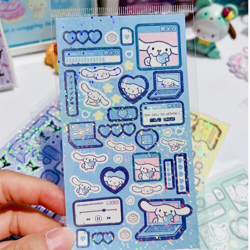 Sanrio Laser Sticker Cartoon Kuromi Cinnamon Dog Cute Account Sticker DIY Set Ins Xpress Sticker