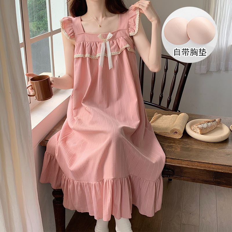 Pijama con cojín de pecho vestido de mujer simple dulce lindos pijama arco de rodilla vestido de cabina de vestir para el hogar de verano