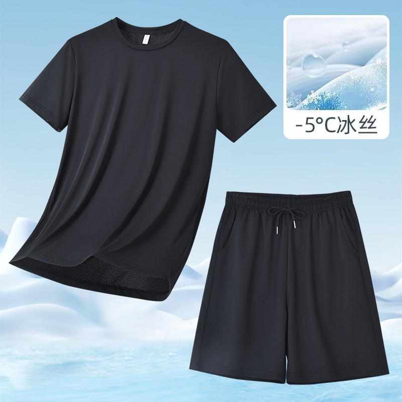 Traje transfronterizo de papá, traje de seda de hielo, corriendo y caminando, traje deportivo de verano, pantalones cortos sueltos de manga corta al aire libre
