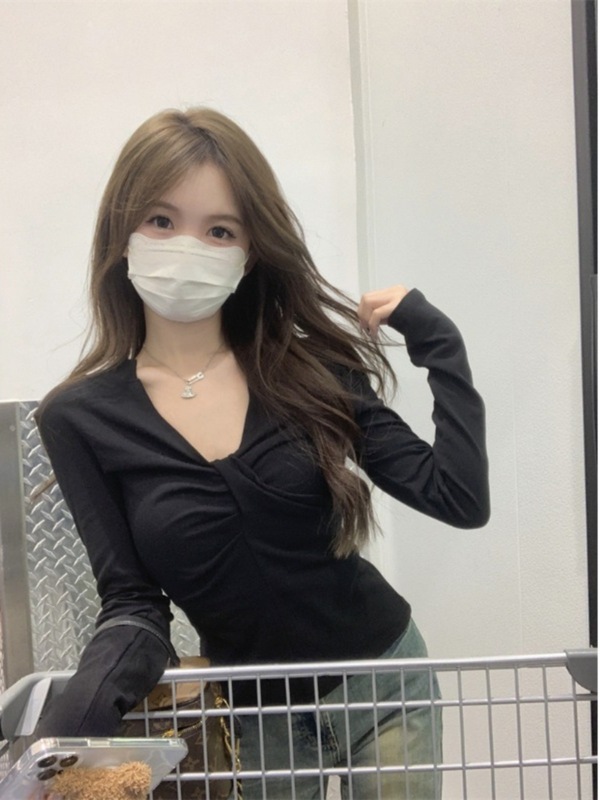 粉色修身V领长袖T恤女秋冬纯欲风辣妹内搭打底衫短款独特别致上衣|undefined