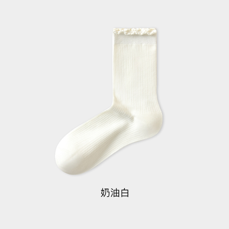纯棉袜子女秋款透气白色中筒堆堆袜防臭吸汗花边无骨月子袜棉袜|undefined