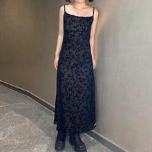 辣妹街头暗黑风花边拼接复古碎花网纱吊带连衣裙女设计感收腰显瘦