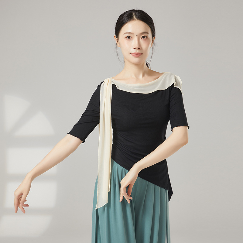 女性用モダンダンス練習服、メッシュステッチ不規則トップス、ダンス学生の日常着、ボディトレーニング服|undefined
