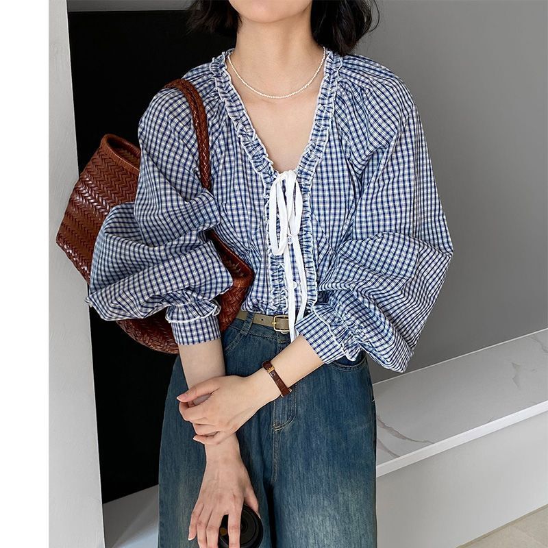 2025 Spring Blue White Mori Plaid Shirt Stitching Lace Cute Slimming French Retro Lace-Up Top
