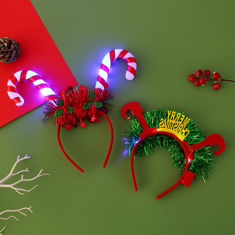 Cross-border Christmas headband, luminous cane headband, Christmas tree hair ornaments with lights, deer antlers, flashing head, costume props