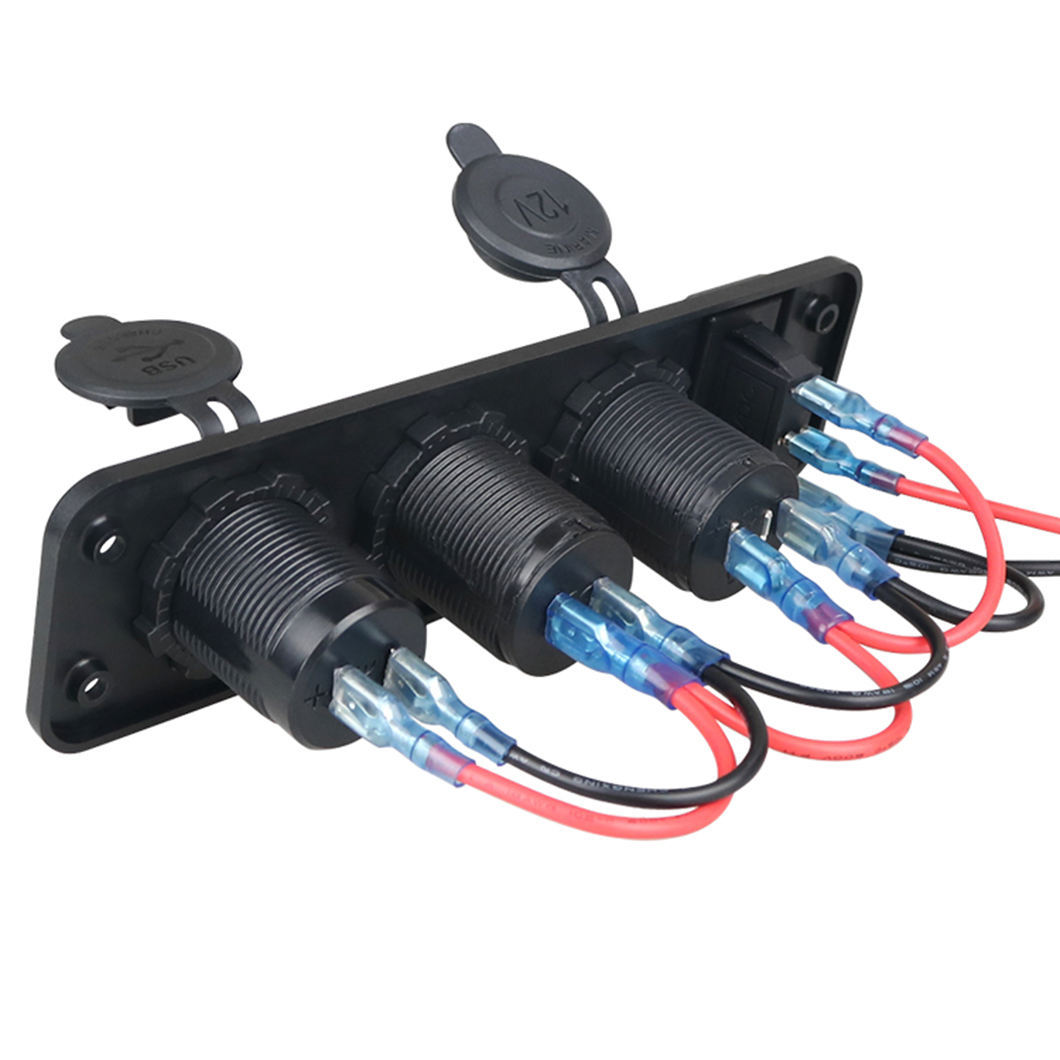 Cross-Border Car Charger with Switch, New 4-Port Panel Female Socket, Dual USB Phone Charging Dock, USB Charging Plug