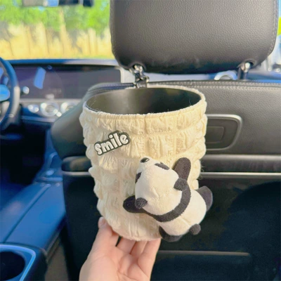 Car tissue box/set: Hanging Car Armrest Box Paper - papa-panda-puff-trash-can-1-roll-of-garbage-bag-carabiner-included