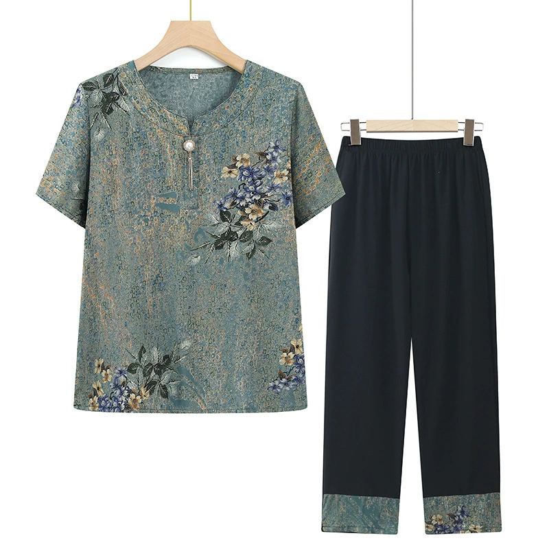 Летний кардиган с короткими рукавами для пожилых бабушек, костюм для мамы, рубашка с принтом в стиле ретро, ​​летний новый стиль для женщин среднего и пожилого возраста