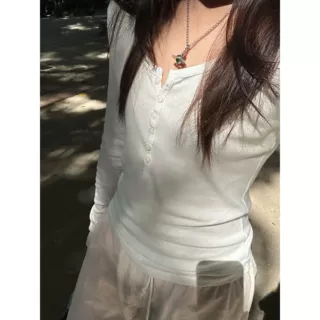 U领露锁骨显瘦半排扣长袖T恤女2026春季正肩百搭纯色修身打底上衣