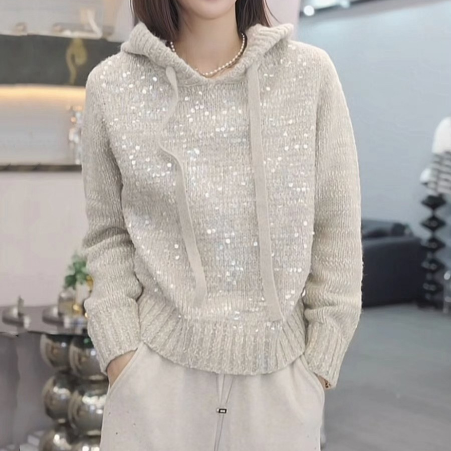 Women's Clothing light luxury sequined hooded sweater autumn and winter high end temperament versatile warm long sleeved knitted sweater women's trend_voghion.com