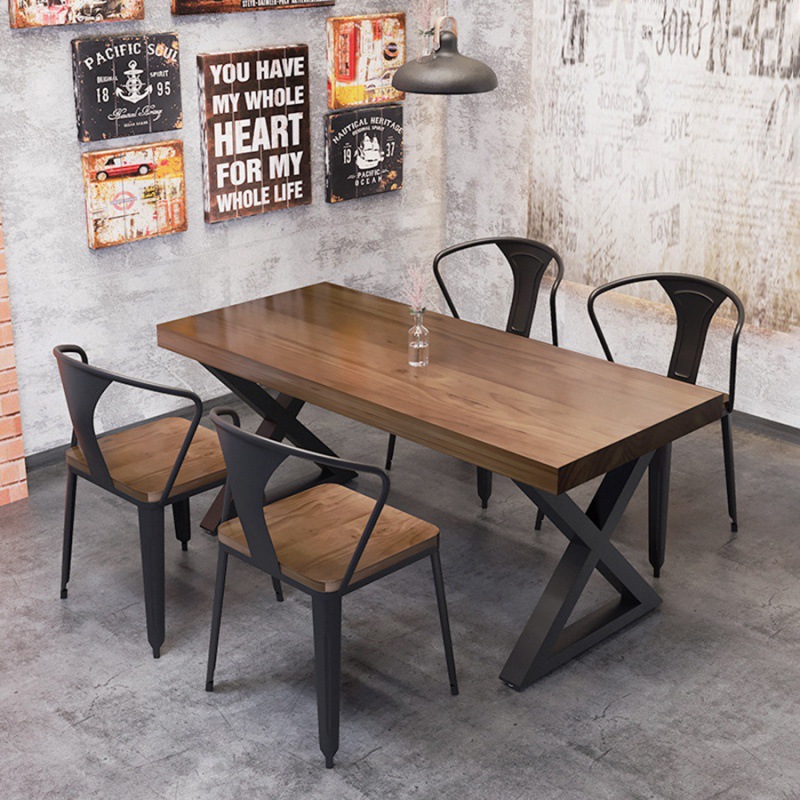 Retro Bar Clear Bar Music Dining Table and Chair Combination Dining Table Cafe Industrial Style Barbecue Iron Solid Wood Hot Pot Table