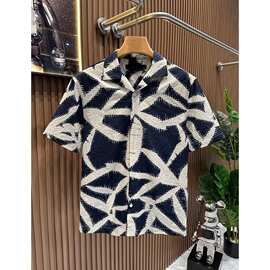 夏季新款男装印花泡泡纱衬衣男士古巴领夏威夷宽松短袖衬衫男