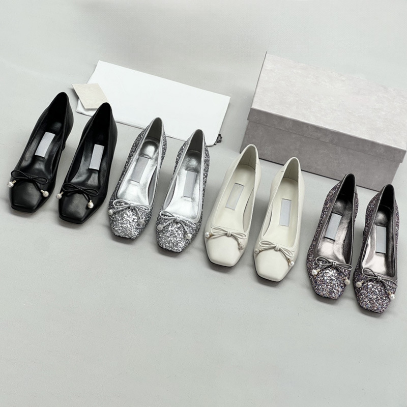 Original Channel Goods~Jc French-Style High-Heeled Shoes with Square Toe, Shallow Opening, Chunky Heel, Shiny Bling, Suitable for Parties and Work, Slip-On