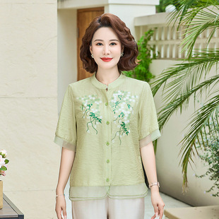 Mother's Day Summer Cotton and Linen Short-Sleeve Shirt for Mothers, Stylish 2025 New Model for Middle-Aged and Elderly Women, Summer Blouse for Wealthy Ladies