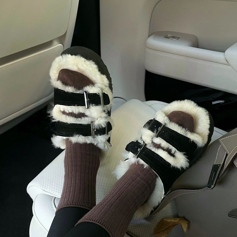 The first layer of cowhide ~ senior sense of autumn and winter outside to wear cashmere cotton shoes women's thick sole leather fur shoes cashmere slippers