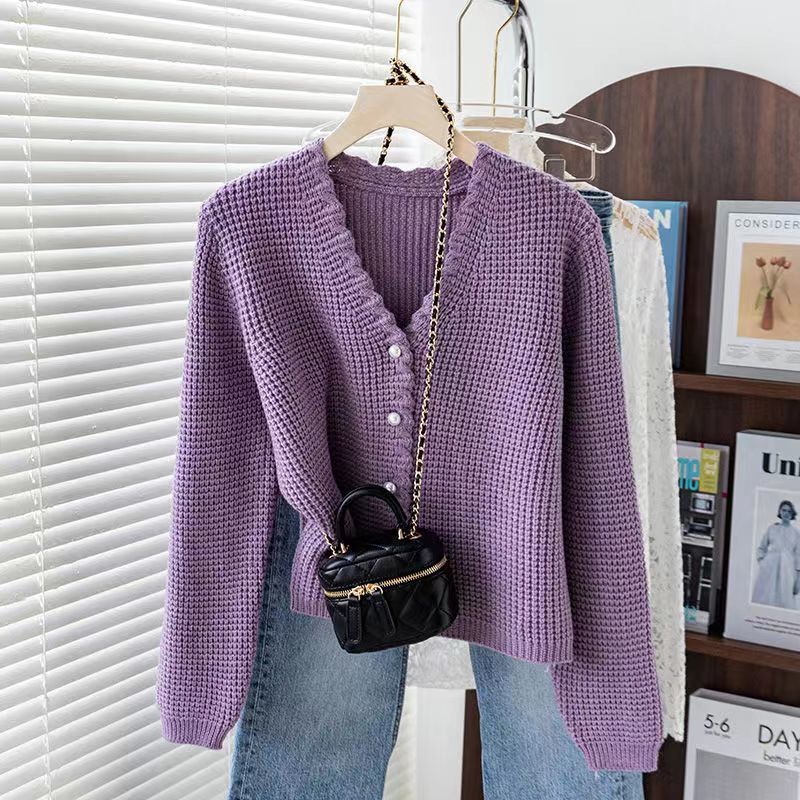 Casual Waffle Knit Cardigan for Women 2025 New Spring and Autumn Collar Versatile Stylish Sweater Fashion Top