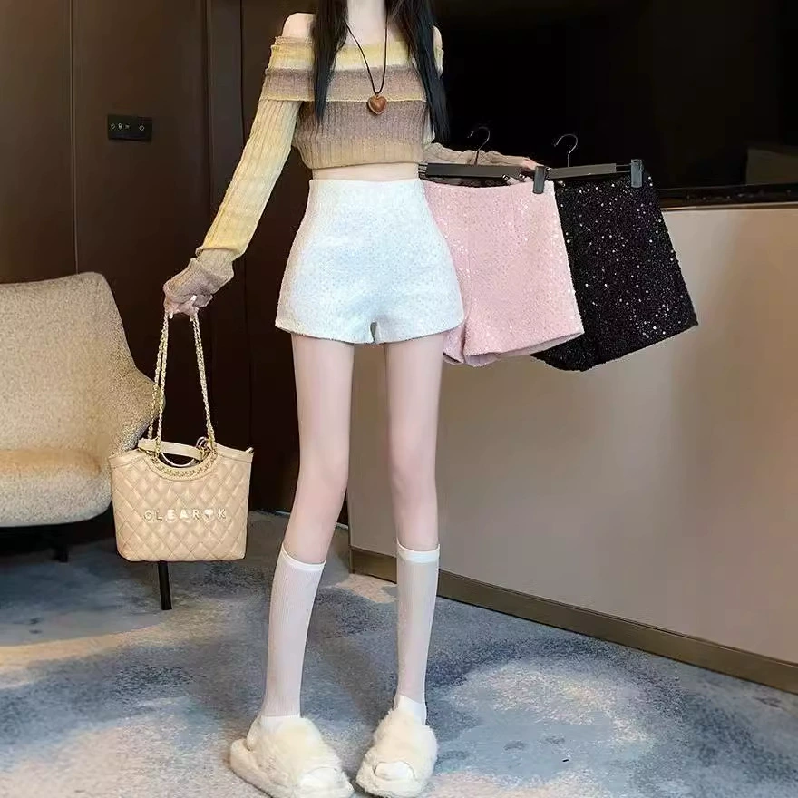 Высокие шорты с пайетками, подросткам, в стиле Chanel, деми-сезон