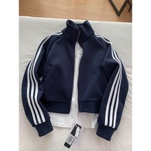 藏青色三条杠短款卫衣外套男女春秋cleanfit运动棒球服立领夹克