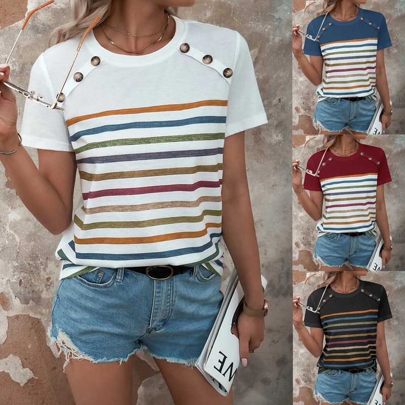 Blusa Casual de Verano para Mujer, Estilo Europeo y Americano, con Estampado de Rayas y Botones, Manga Corta, Nueva Colección 2026