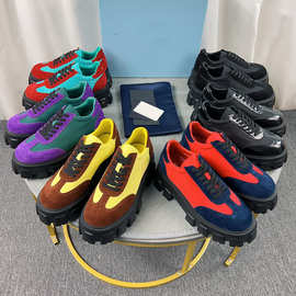 欧美2024新款松糕厚底乐福鞋女圆头系带牛皮尼龙布拼色休闲小皮鞋