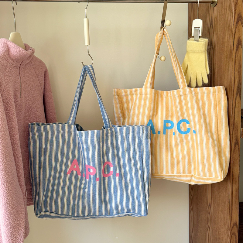 2025 New Ins Printed Letters Simple Commuter Shoulder Canvas Bag Daily Matchinging Shopping Bag Vertical Stripess