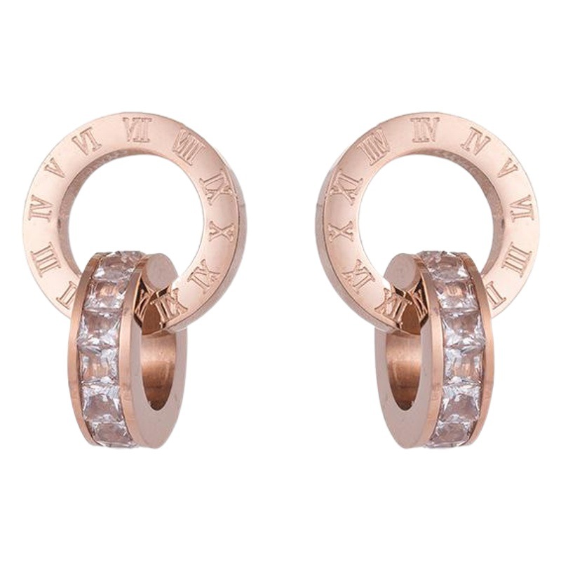 Diamante romano europeo y americano nuevos pendientes creativos de oro rosa de titanio pendientes de acero anillo doble de las mujeres pendientes populares joyería