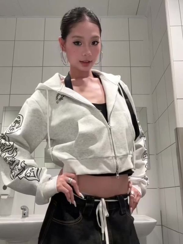 2025新款字母印花哥特风卫衣女春秋薄款百搭休闲连帽短款辣妹外套|undefined