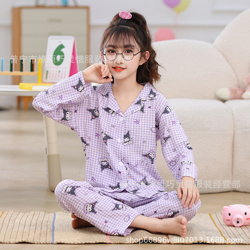 Pijama de niñas primavera y otoño dibujos animados tela espuma de tela delgada manga larga lindo ropa para niños de tamaño medio y grande ropa para el hogar