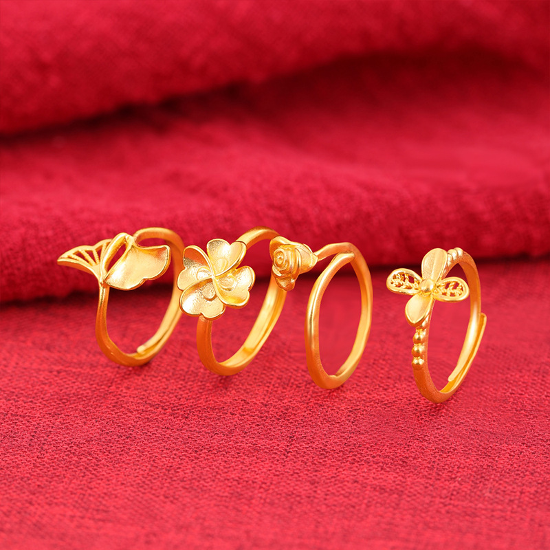 Nuevo anillo de oro de vietnam hoja de ginkgo femenina flor de cuatro hojas hueco ajustable anillo de oro de imitación todo fósforo joyería de estilo nacional