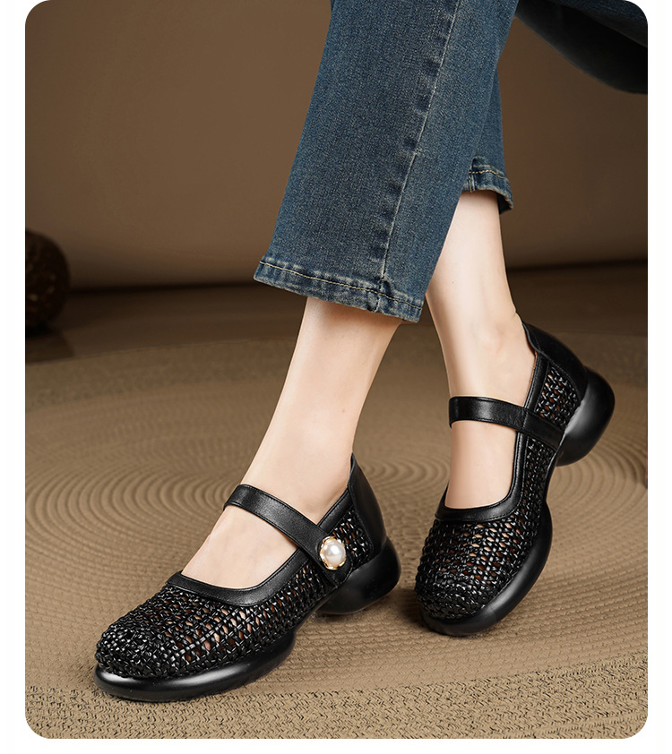 Sandal nữ da thật quai chữ V đan móc mũi kín đế mềm — màu be chi tiết 17