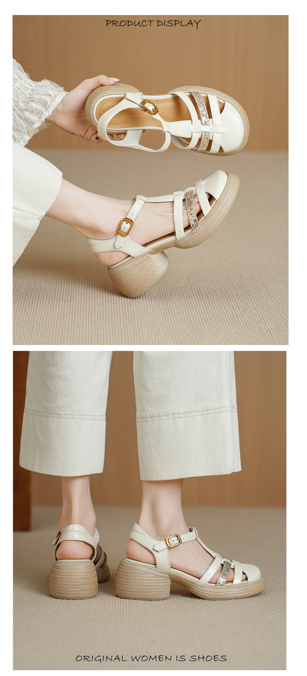 Sandal nữ quai chữ T đan dây đế dày gót thô 6.5cm phong cách La Mã — Màu xanh da trời chi tiết 7