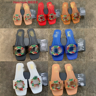Za Foreign Trade Africa Cross-border Summer Fashion One-word Large Diamond Buckle Flat Heel Slippers Sandals Foreign Trade Africa Slippers