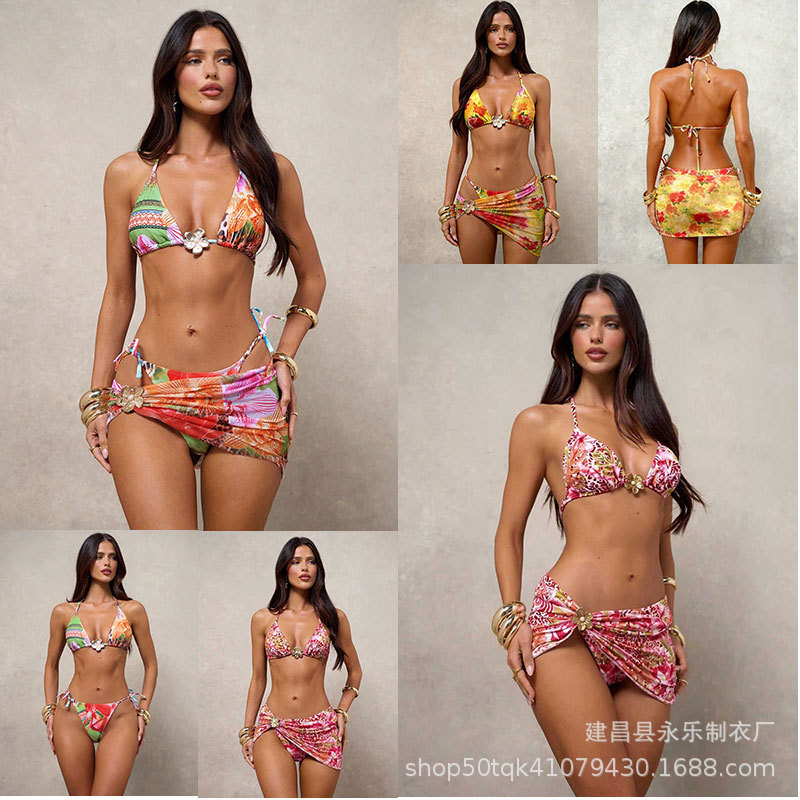 2026 Sexy Strapless Bodycon Tie-Up Swimsuit for Women, Printed Bikini Three-Piece Set, in Stock for Cross-Border Sales