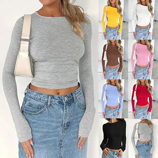 Slim fit round neck short long sleeved top����A�I�̿�����Ů