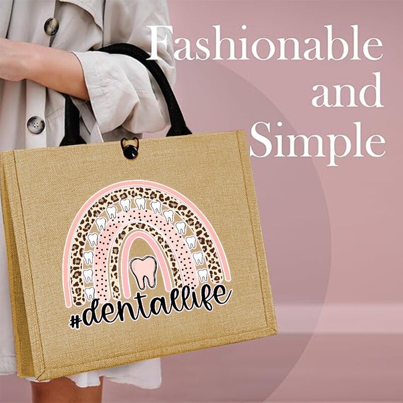 Cross-Border Hot Selling Jute Tote Bag with Interesting Teeth and Rainbow Print Large Capacity Durable Fabric Tote Bag Cross-Border Hot Selling Jute Tote Bag with Interesting Teeth and Rainbow Print Large Capacity Durable Fabric Tote Bag