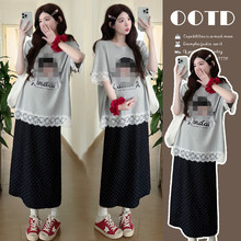 孕妇套装夏装蕾丝拼接短袖t恤女宽松夏季卡通百搭宽松减龄上衣潮