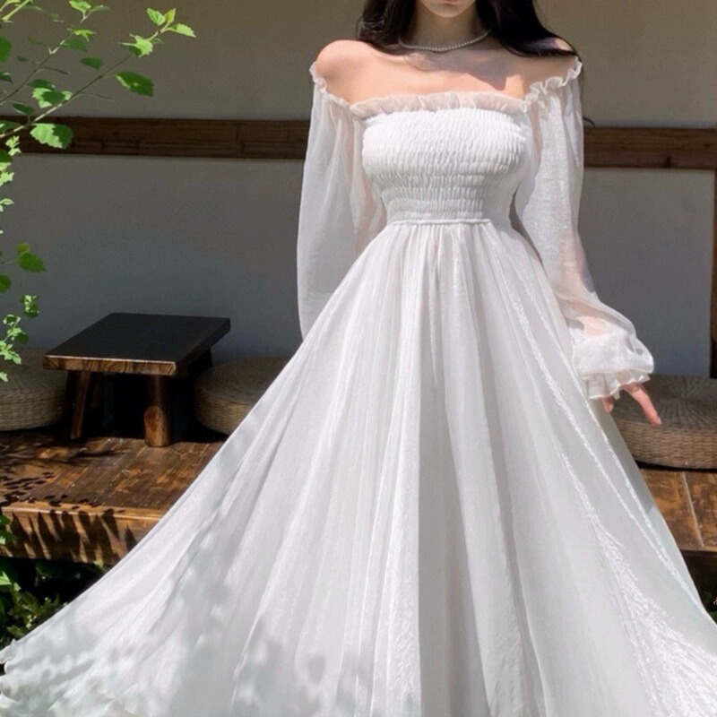 2026 New Style Sanya Seaside Vacation Dress, White High-End Chiffon Beach Dress with a Large Hem, Ultra-Long Dress