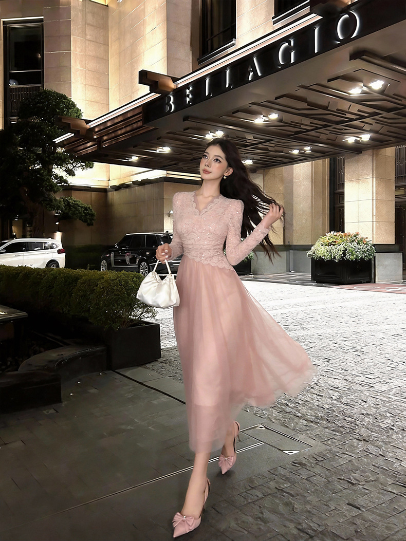 Đầm maxi nữ cổ V ren thắt eo xòe lưới phong cách Pháp — màu hồng chi tiết 7