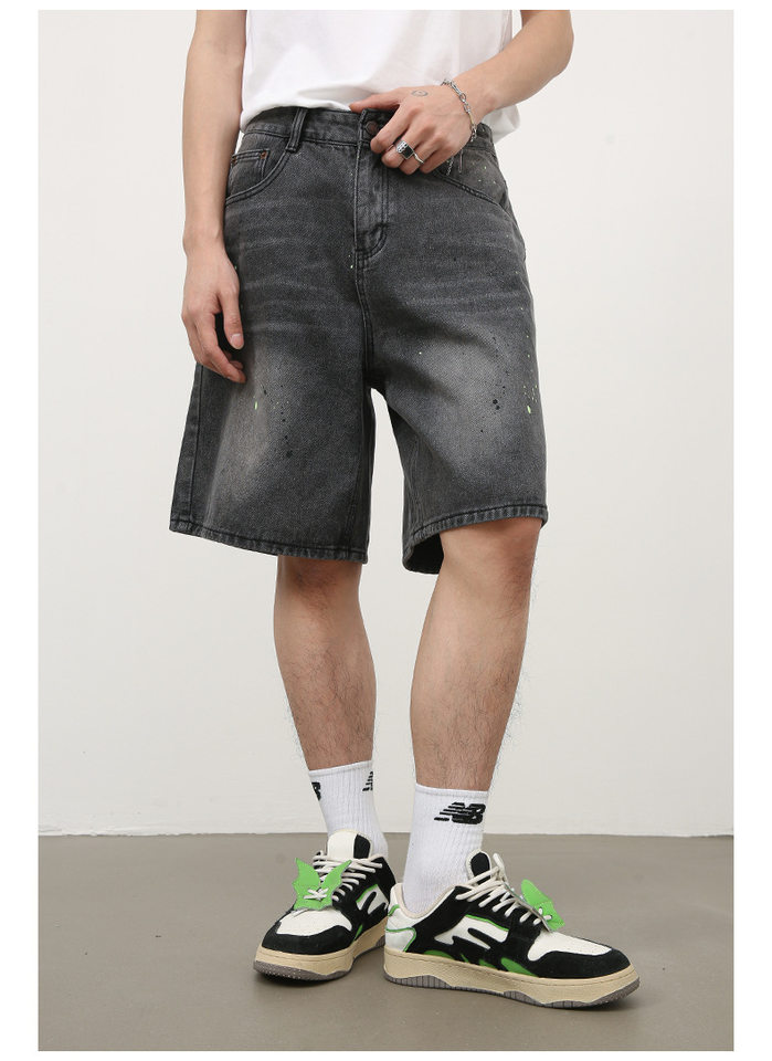 Quần short denim nam ống rộng lửng trên gối, họa tiết vệt sơn mực kiểu đường phố — Xanh lam nhạt, Đen xám chi tiết 9