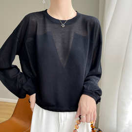 天丝亚麻宽松抽绳长袖针织T恤女宽松罩衫防晒衣短外套披肩空调衫