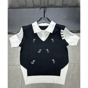 2025 New Summer Style Puppy Pattern Fake Two-Piece Lapel Short-Sleeved Pullover Loose and Versatile Women's Knitted Top