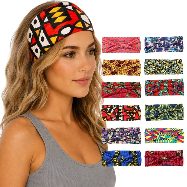 European and American Retro Batik Ethnic Style Twist Headband for Women, Multi-Colored Fabric Wide-Brimmed Hairband, Fitness Sweat-Absorbing Headband