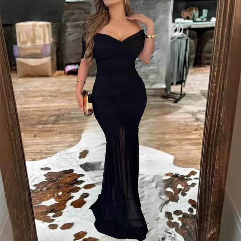 European and American Cross-Border Women's Clothing Tube Top Mesh Splicing Slim Elegant Dress French Summer Dress 2025