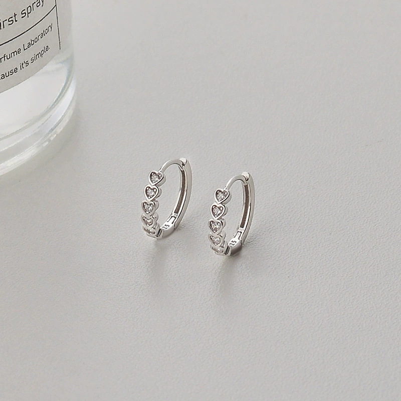 Small earrings heart shaped with zircon, silver 925 sample, light luxury style, micro incrustation